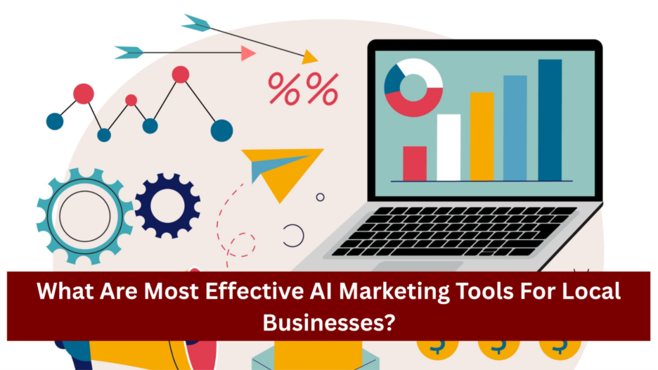 AI marketing tools illustration with graphs and icons.