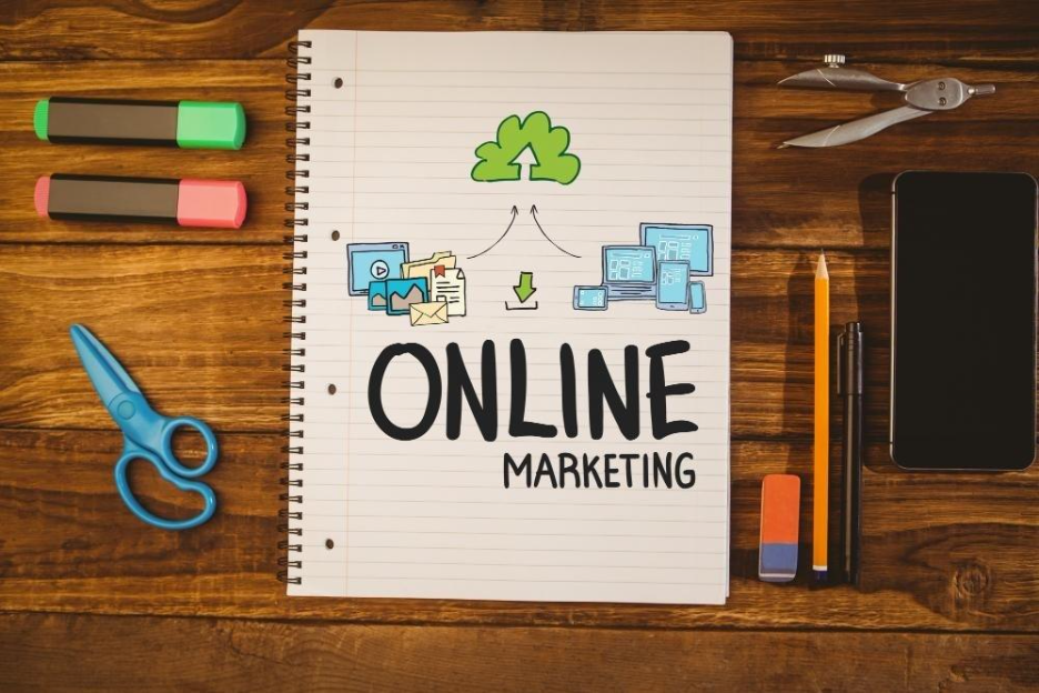 Notebook sketch illustrating online marketing concepts.
