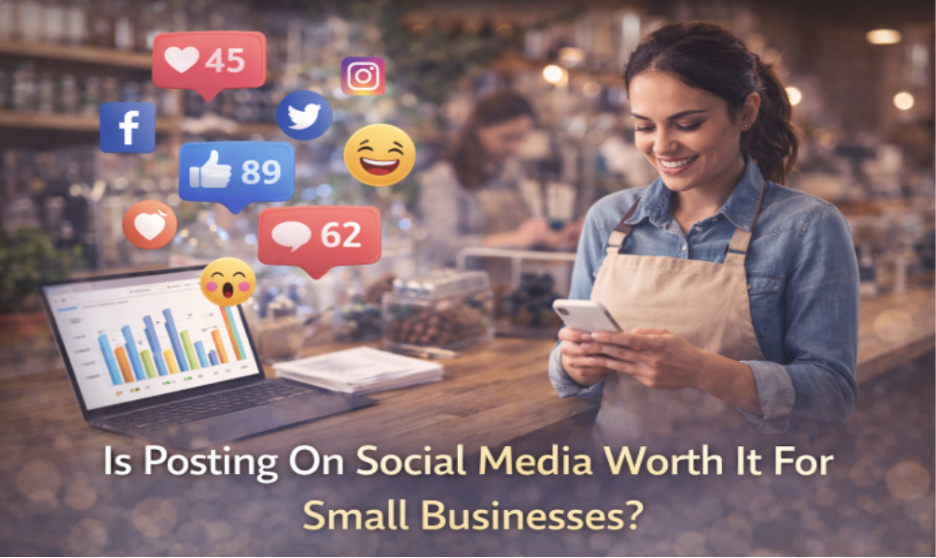 Person in cafe using smartphone with social media icons.